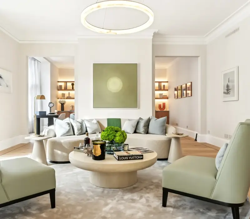 Bright contemporary living room featuring a curved cream sofa with silver cushions, two pale green armchairs, and a round coffee table topped with books, candles, and a green floral arrangement, set beneath a modern circular light fixture and minimalist wall art.