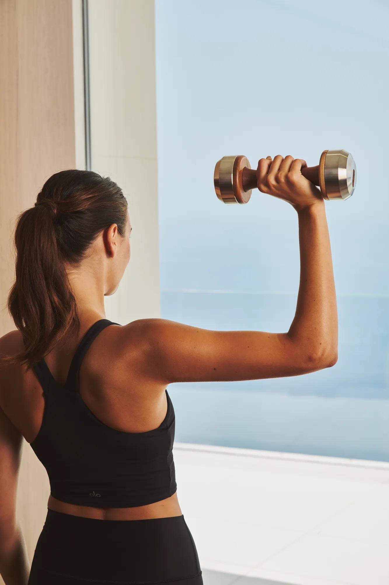 Person lifting a dumbbell indoors, facing a window with a sea view.