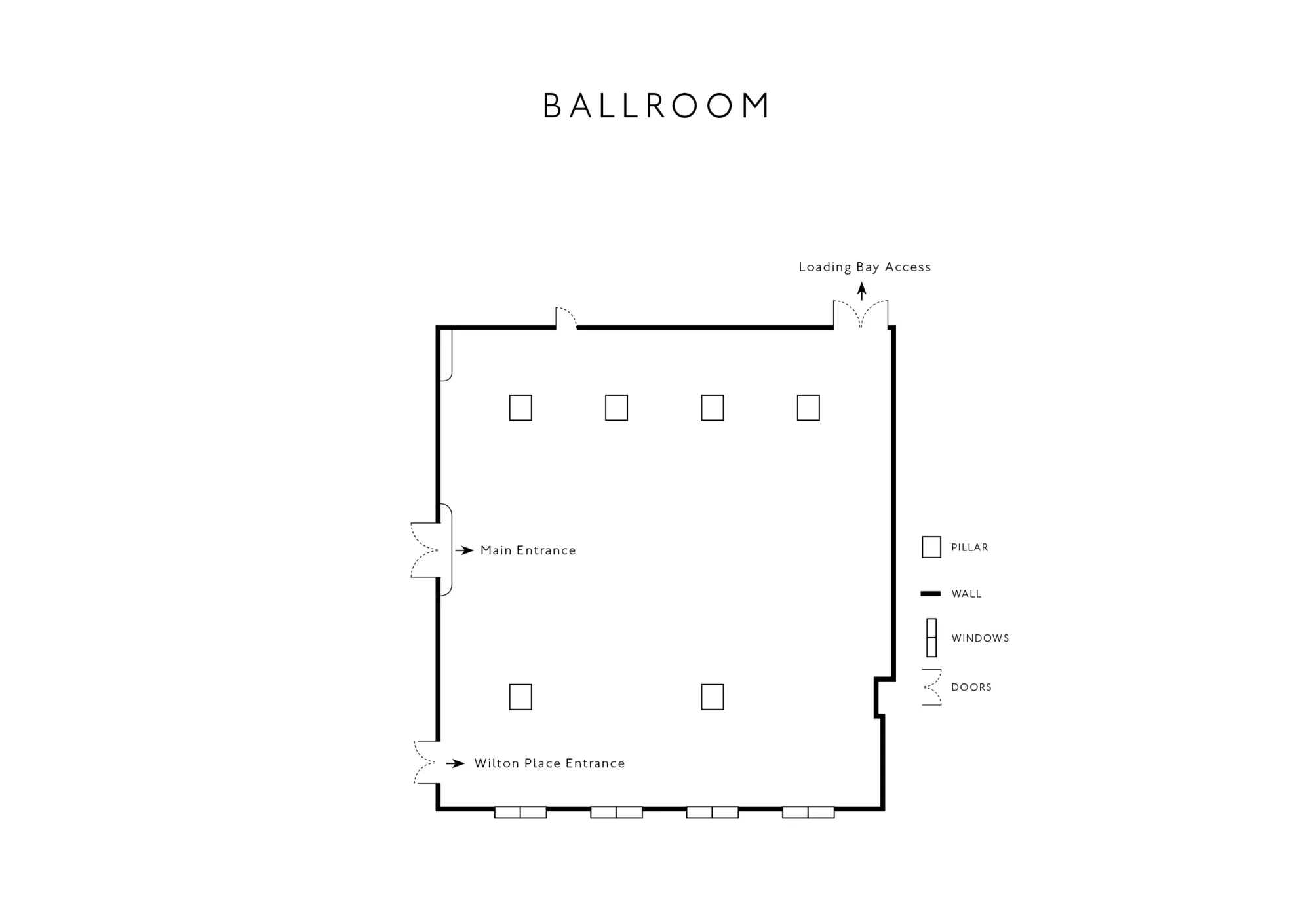 Black-and-white floorplan of a rectangular ballroom with marked pillars, two main entrances on the left, loading bay access at the top, and window wall along the bottom.
