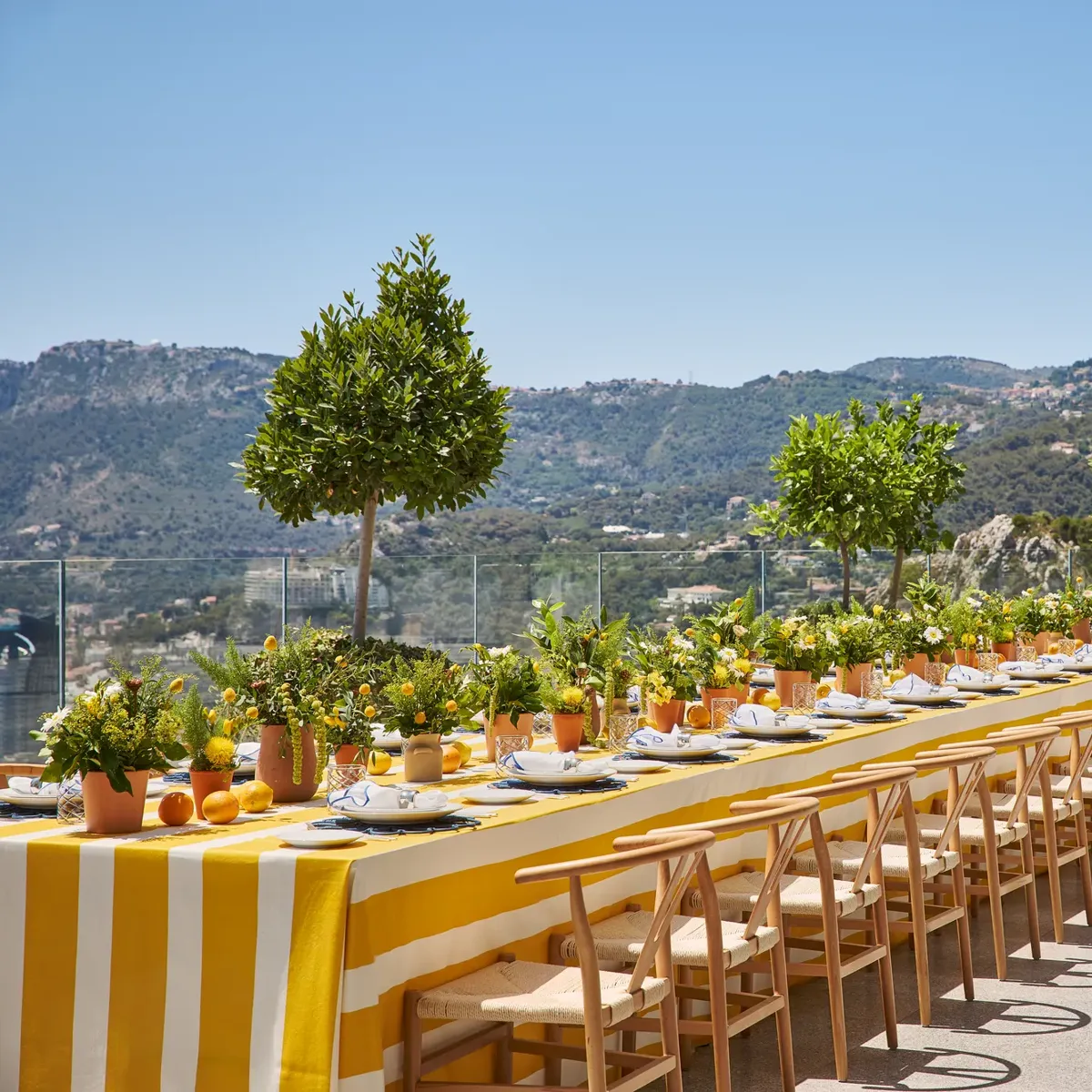 Longue table dressée en extérieur avec nappes jaunes, chaises en bois, plantes en pots et vue sur les montagnes.