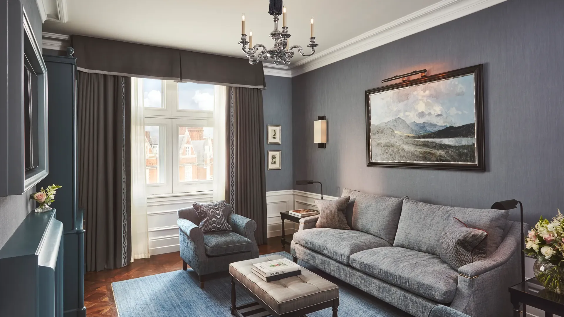 A view inside the Coburg Suite at Claridge’s, showcasing elegant contemporary décor, refined furnishings, and a serene, luxurious atmosphere.