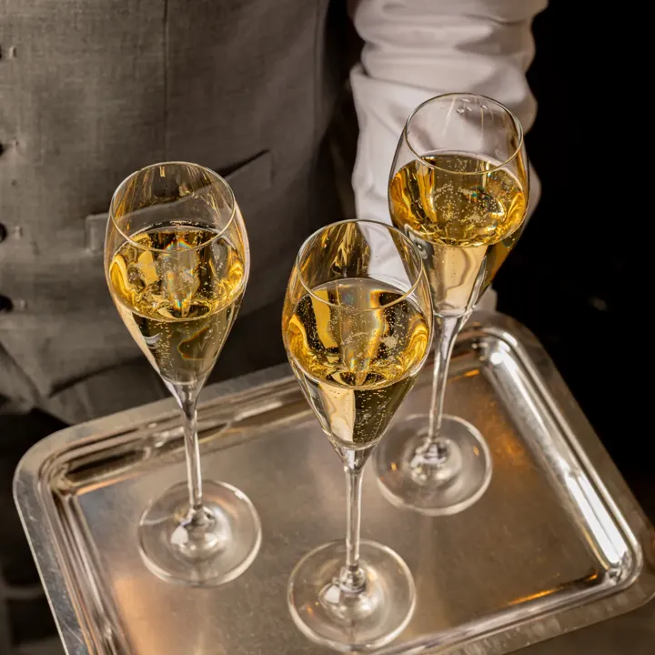 Close-up of three glasses of champagne with bubbles rising to the surface.