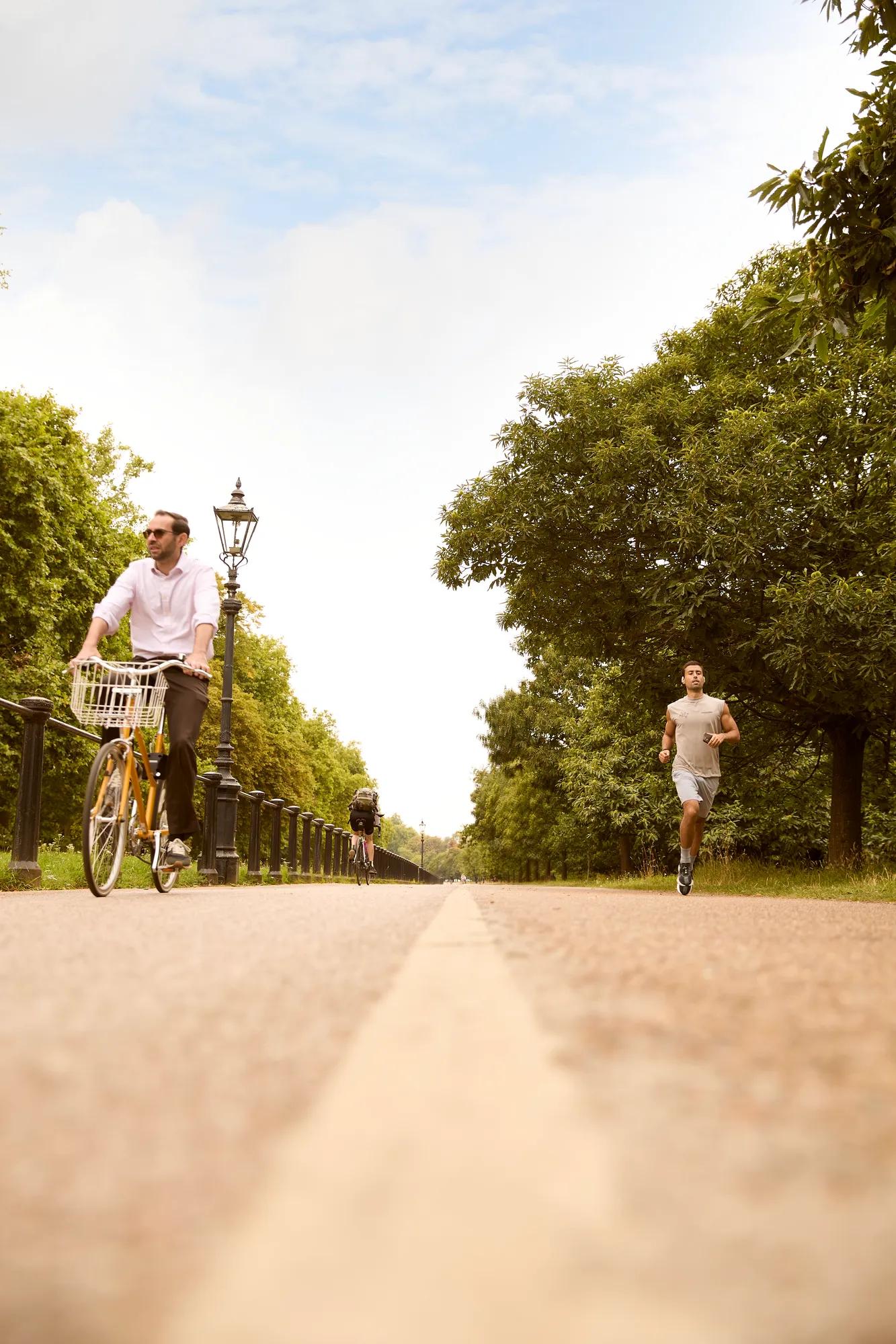 Person cycling and another jogging along a tree-lined park path.