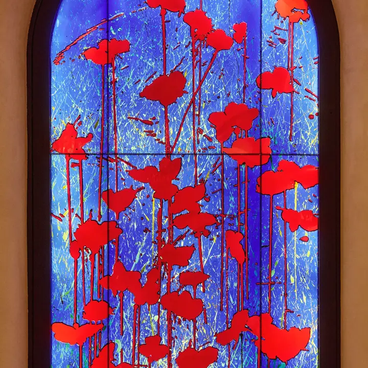 Arched stained-glass-style panel with vivid red poppy silhouettes against a glowing blue background.