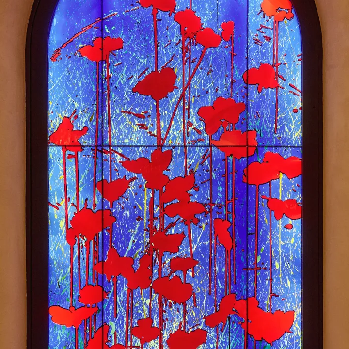 Arched stained-glass-style panel with vivid red poppy silhouettes against a glowing blue background.