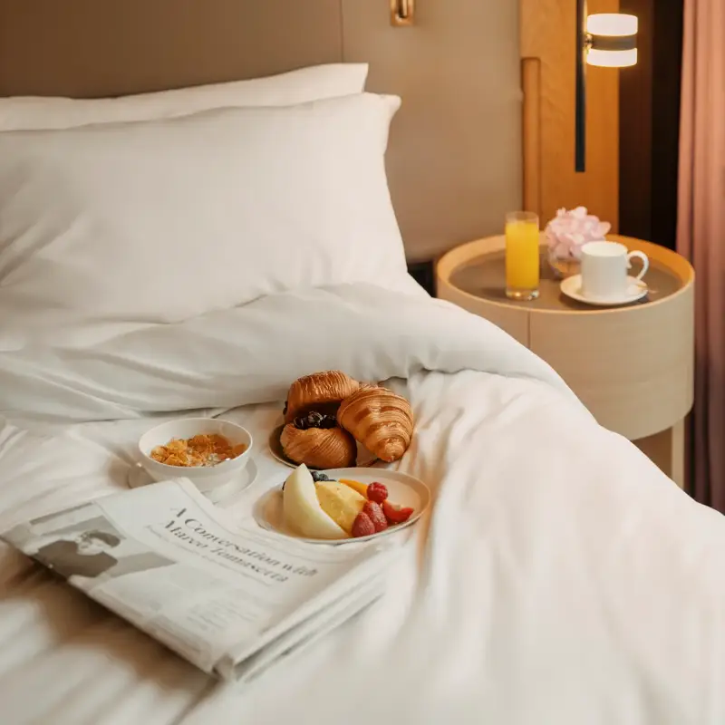 Breakfast tray with croissants, fruit and granola on a neatly made hotel bed, beside a bedside table with coffee, juice and fresh flowers.