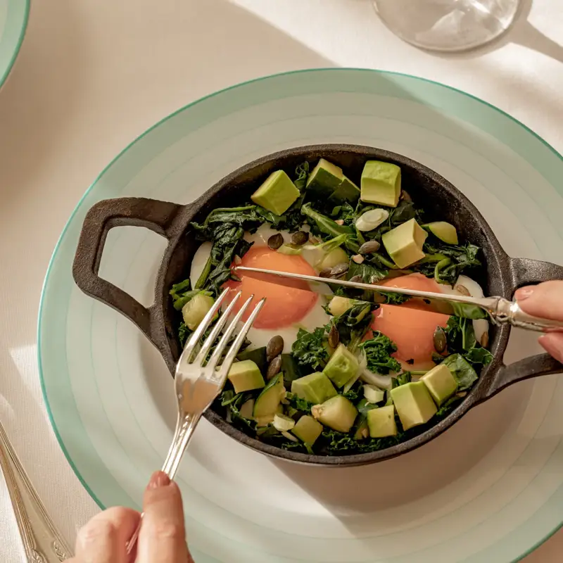 A person cuts into soft-cooked eggs in a small skillet filled with avocado and greens on a sunlit table. 