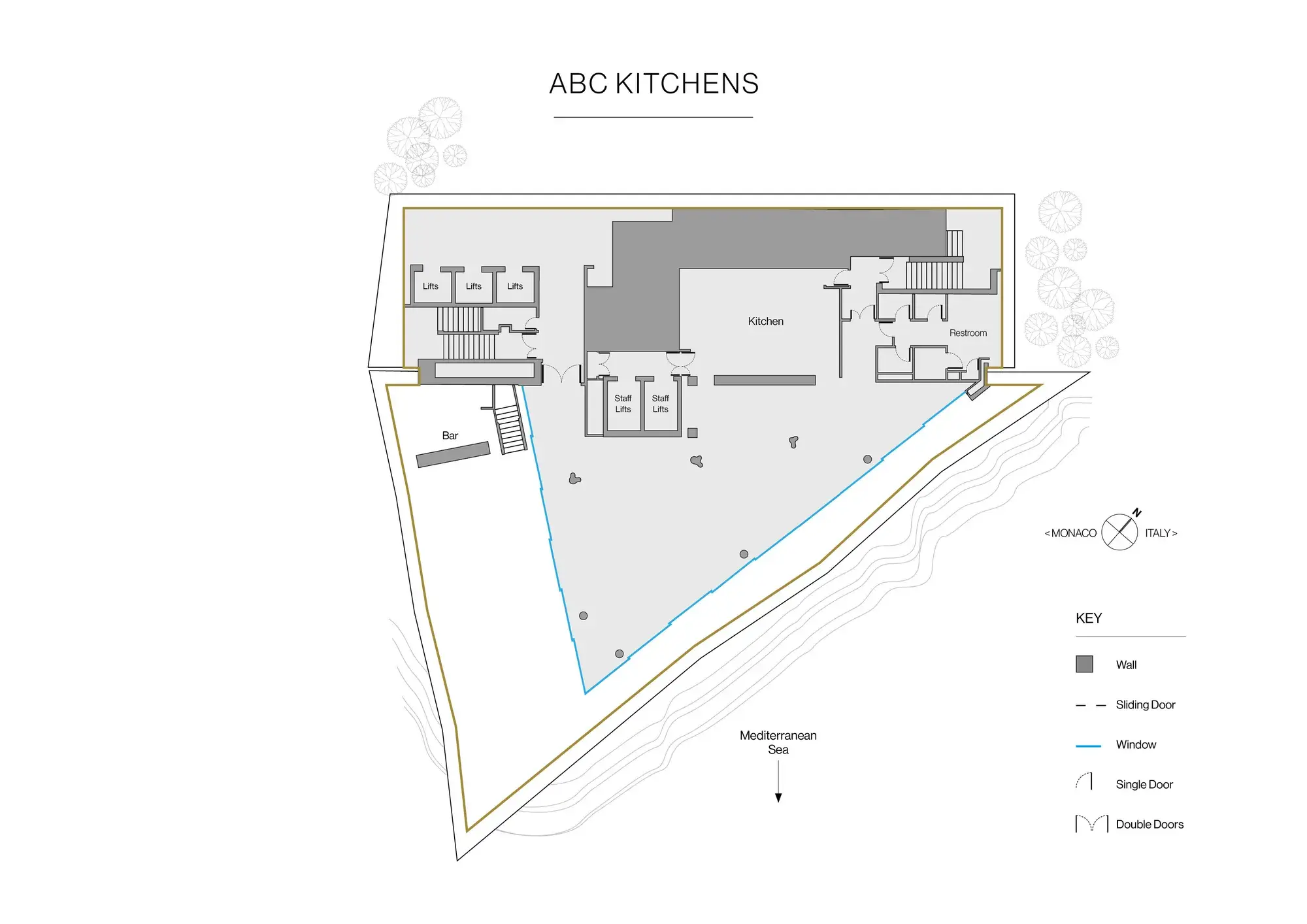 Plan d’ABC Kitchens montrant cuisine, bar, toilettes, ascenseurs, zones du personnel et terrasse sur la mer Méditerranée, avec fenêtres et portes indiquées.