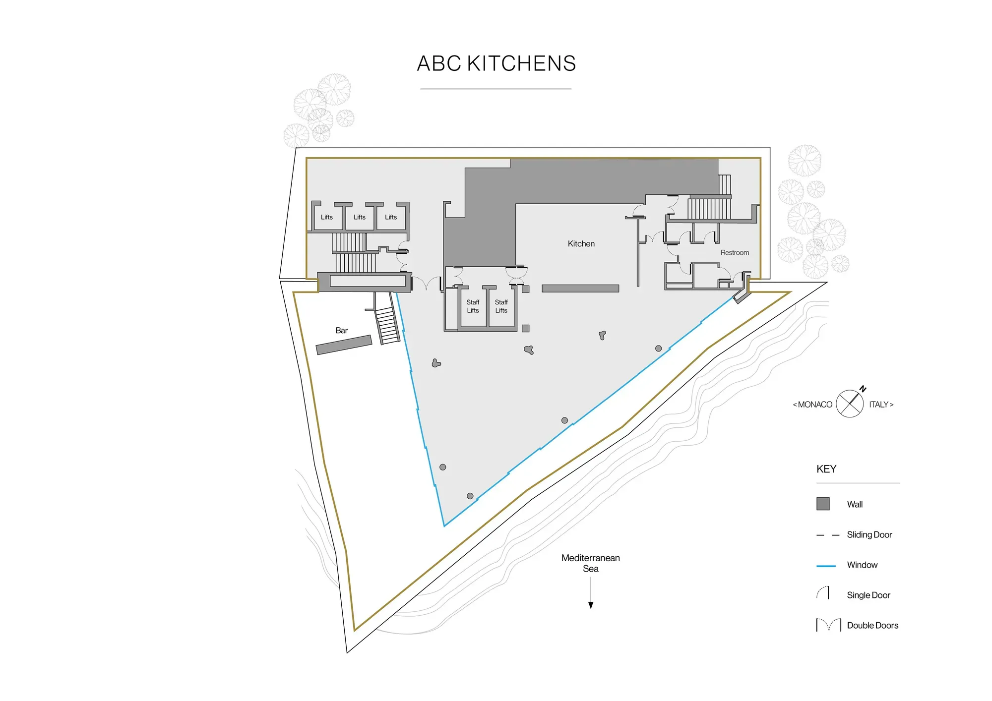 Plan d’ABC Kitchens montrant cuisine, bar, toilettes, ascenseurs, zones du personnel et terrasse sur la mer Méditerranée, avec fenêtres et portes indiquées.