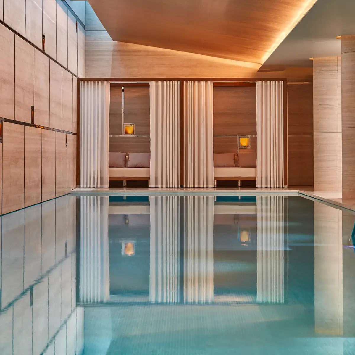 Indoor spa pool with calm water, surrounded by wood-paneled walls and curtained cabanas with soft lighting