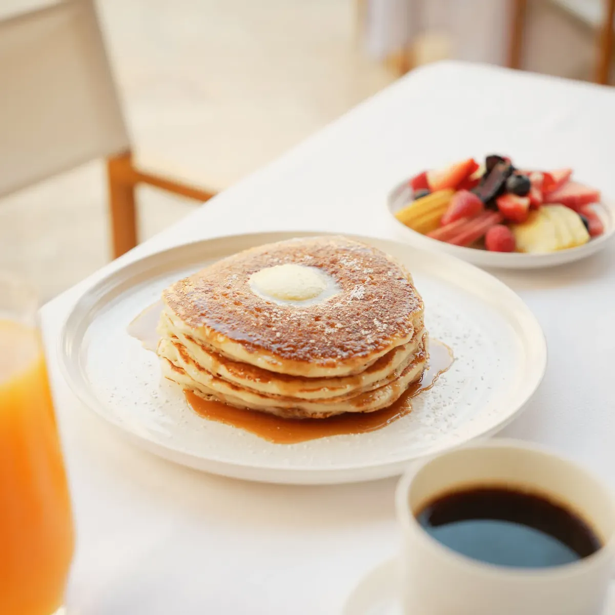 Table with white linen, fresh fruits, coffee, orange juice, and fluffy pancakes.