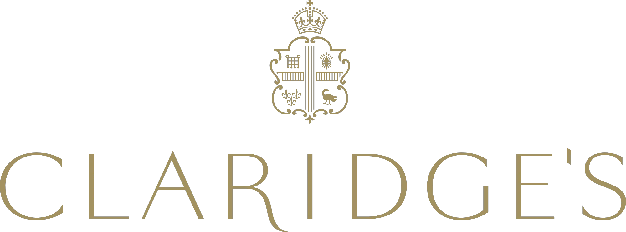 Claridge’s logo with a gold crest above the word ‘Claridge’s’ in elegant uppercase lettering