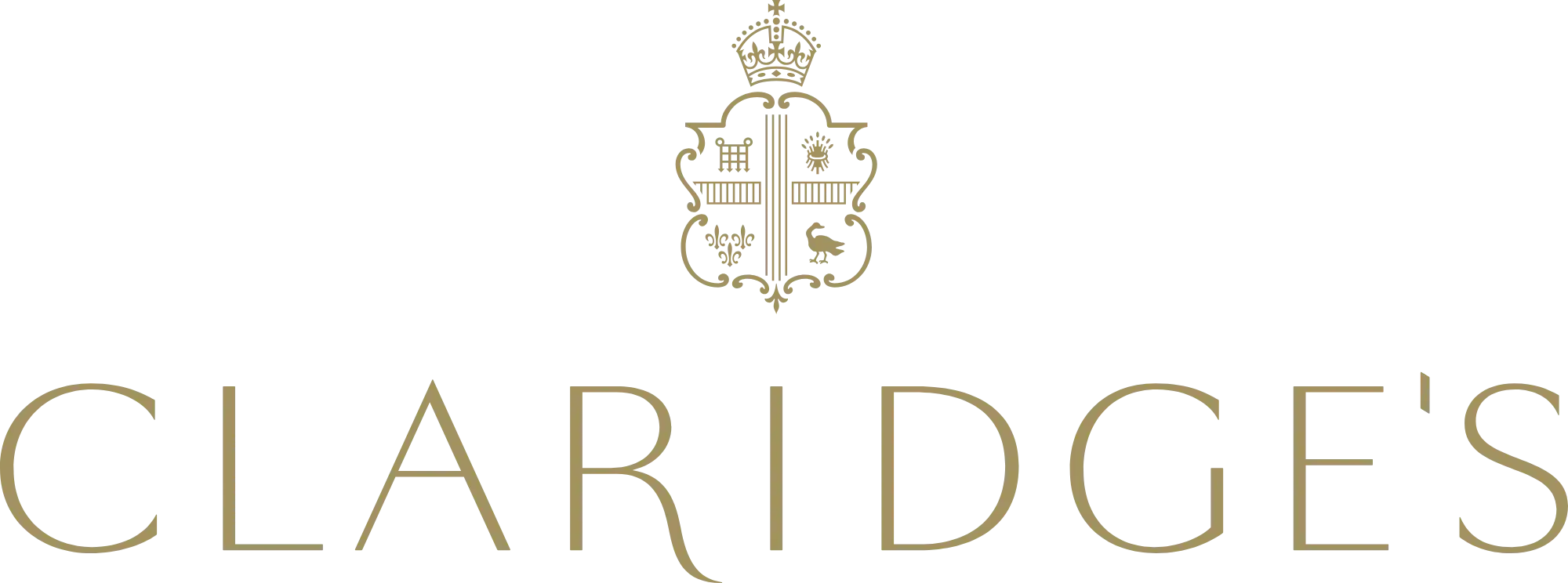 Claridge’s logo with a gold crest above the word ‘Claridge’s’ in elegant uppercase lettering