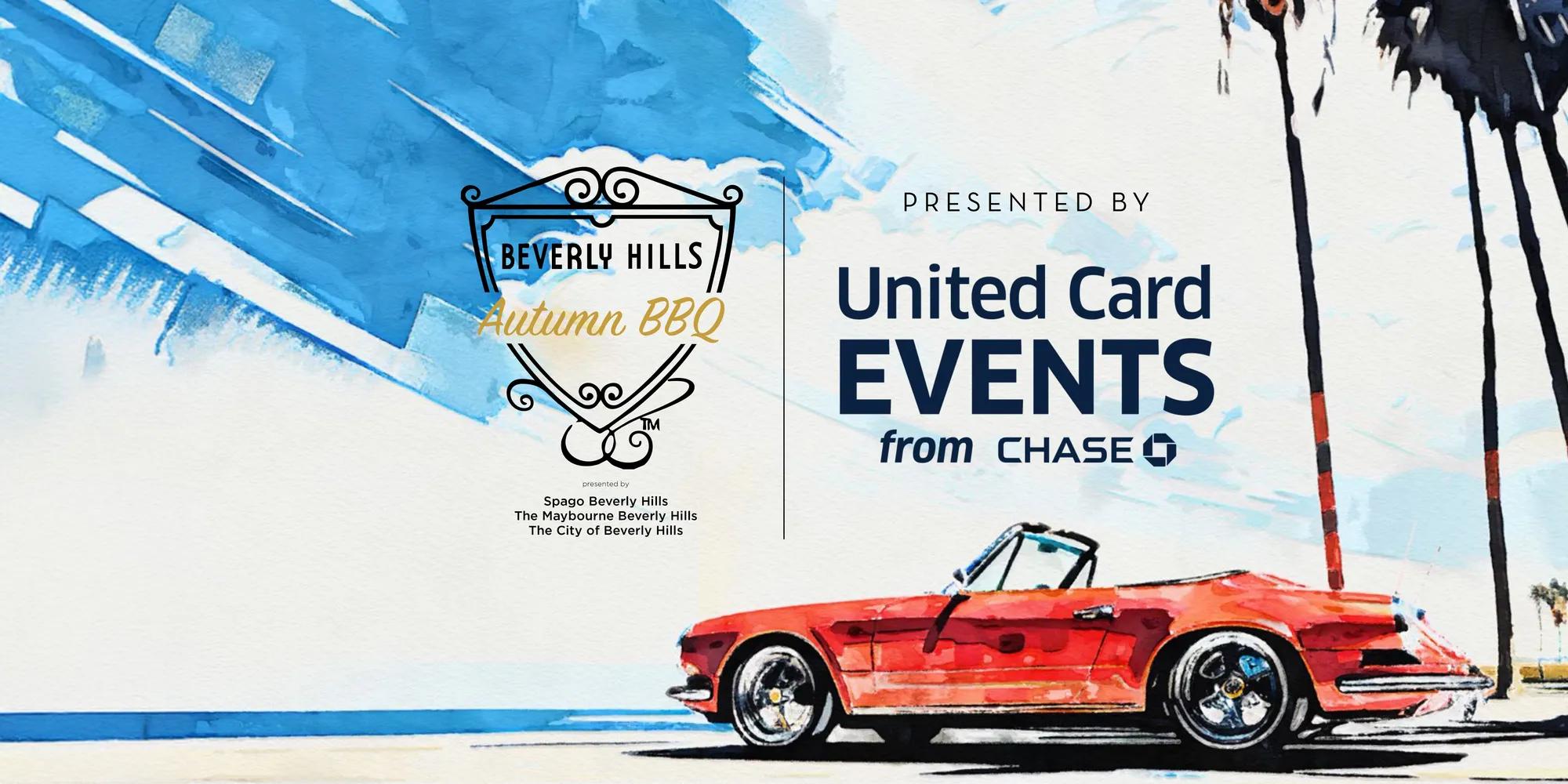 a watercolor graphic of vintage red car with event logos overlaid