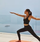 Person practicing yoga in a warrior pose on an orange mat, with the backdrop of a clear, open view overlooking the sea and a modern glass railing.