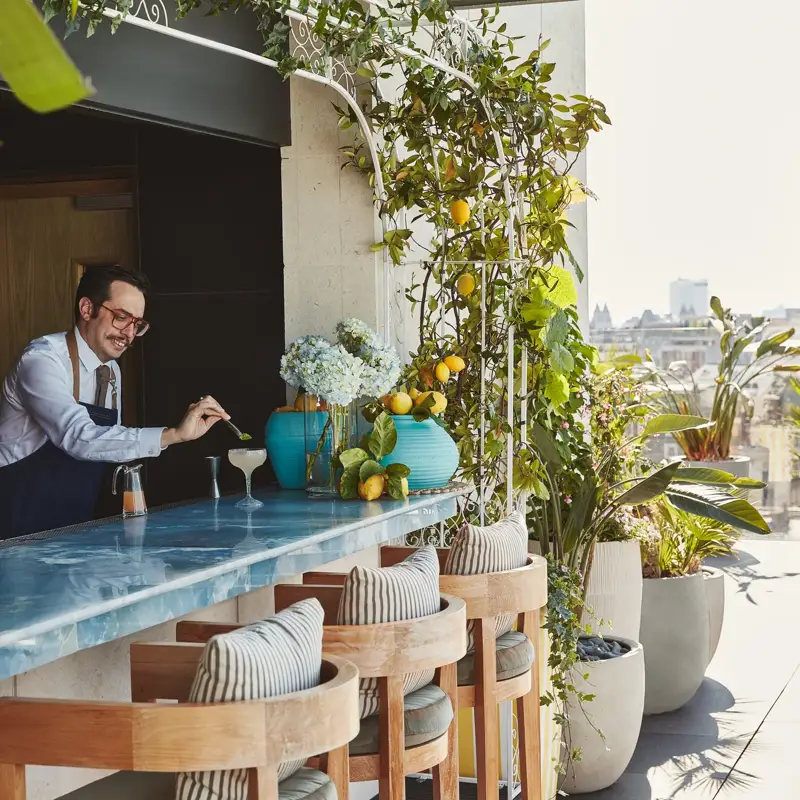 Rooftop bar with blue counter, wooden stools, and lush greenery, bartender preparing cocktails under sunshine.
