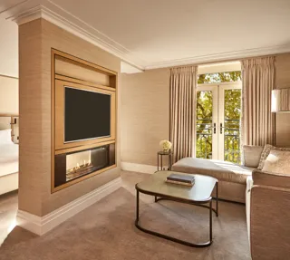 Spacious suite with bed, fireplace, TV, and seating area beside French doors with park views