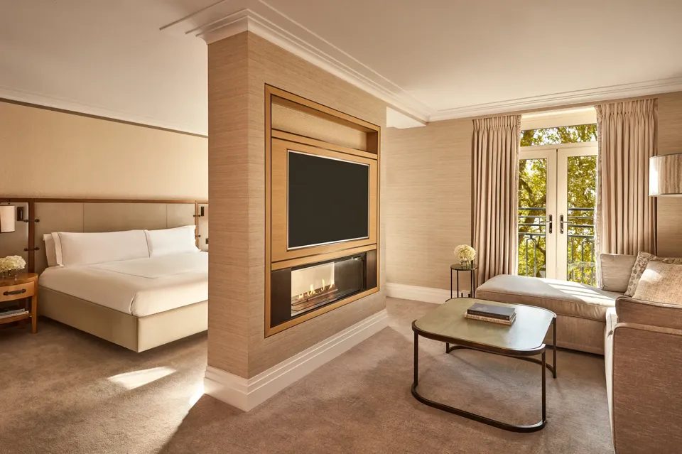 Spacious suite with bed, fireplace, TV, and seating area beside French doors with park views