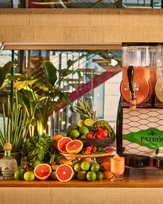 Patrón tequila drinks station with fresh citrus, herbs and tropical garnishes beside frozen cocktails.
