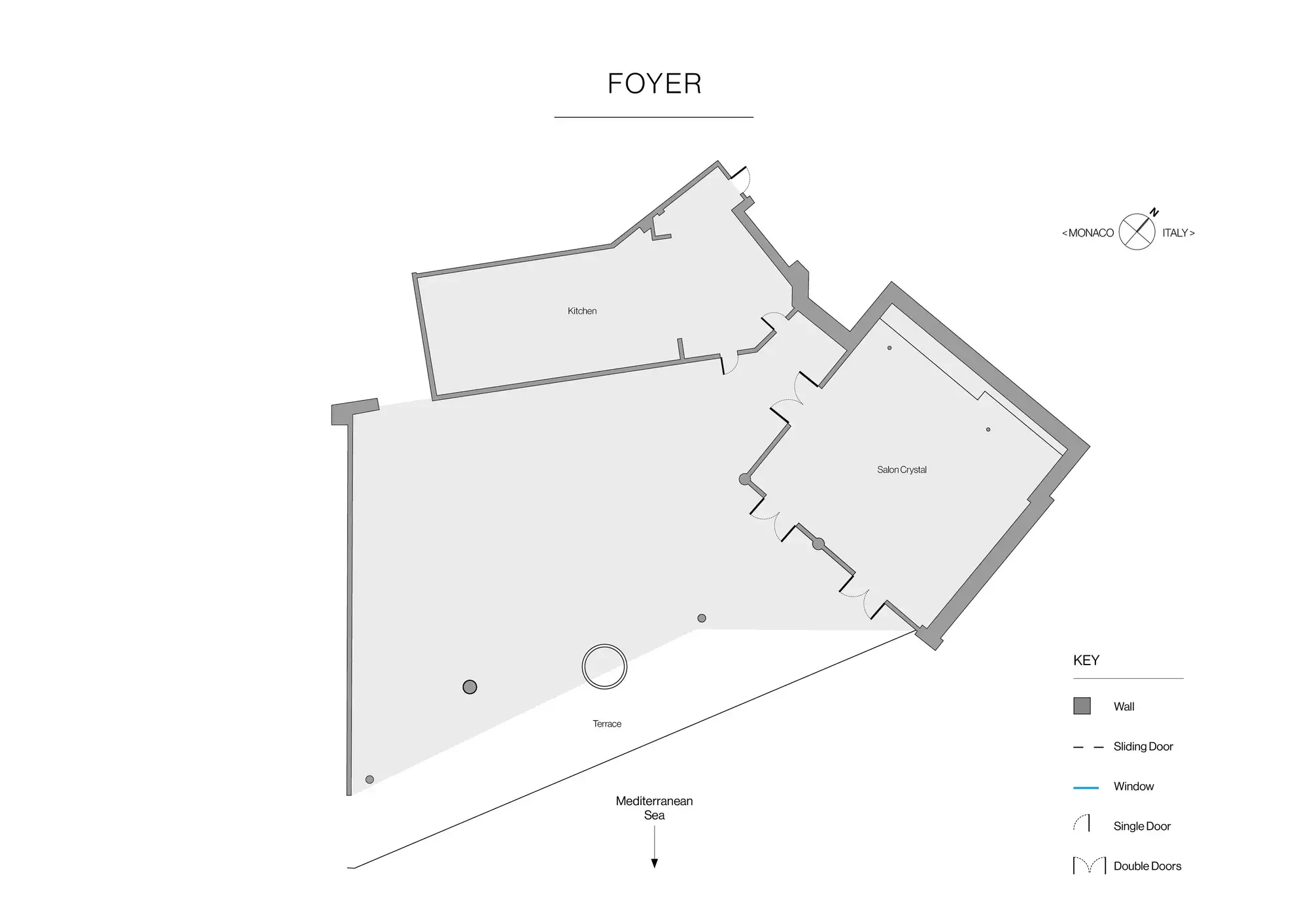 Foyer floorplan showing kitchen, Salon Crystal and terrace layout facing the Mediterranean Sea, with doors and windows marked.