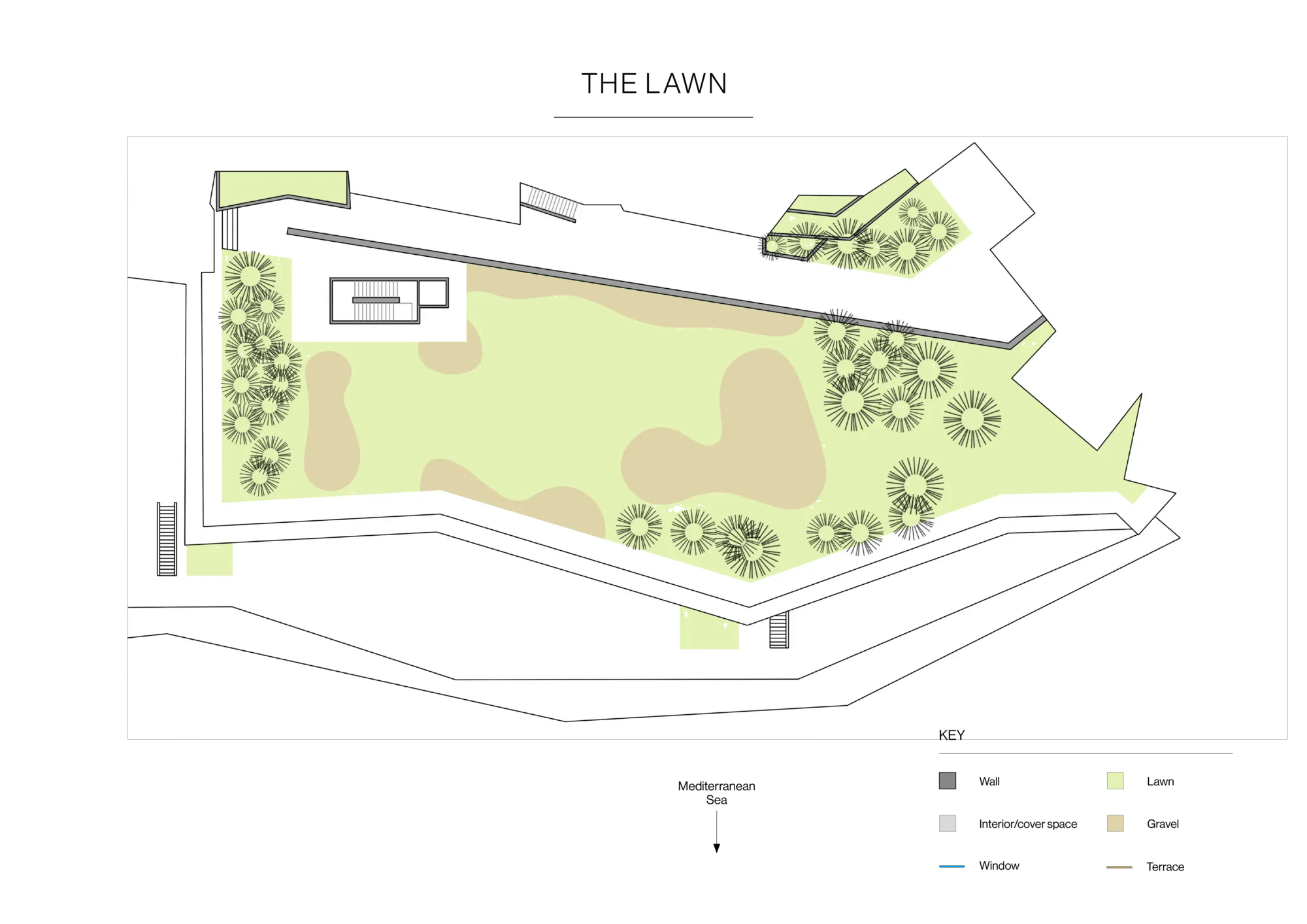 Lawn area floorplan showing pathways, seating zone, trees, greenery sections and terrace overlooking the Mediterranean Sea.