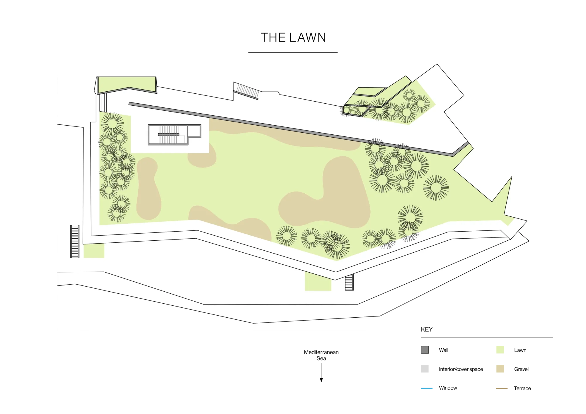 Lawn area floorplan showing pathways, seating zone, trees, greenery sections and terrace overlooking the Mediterranean Sea.