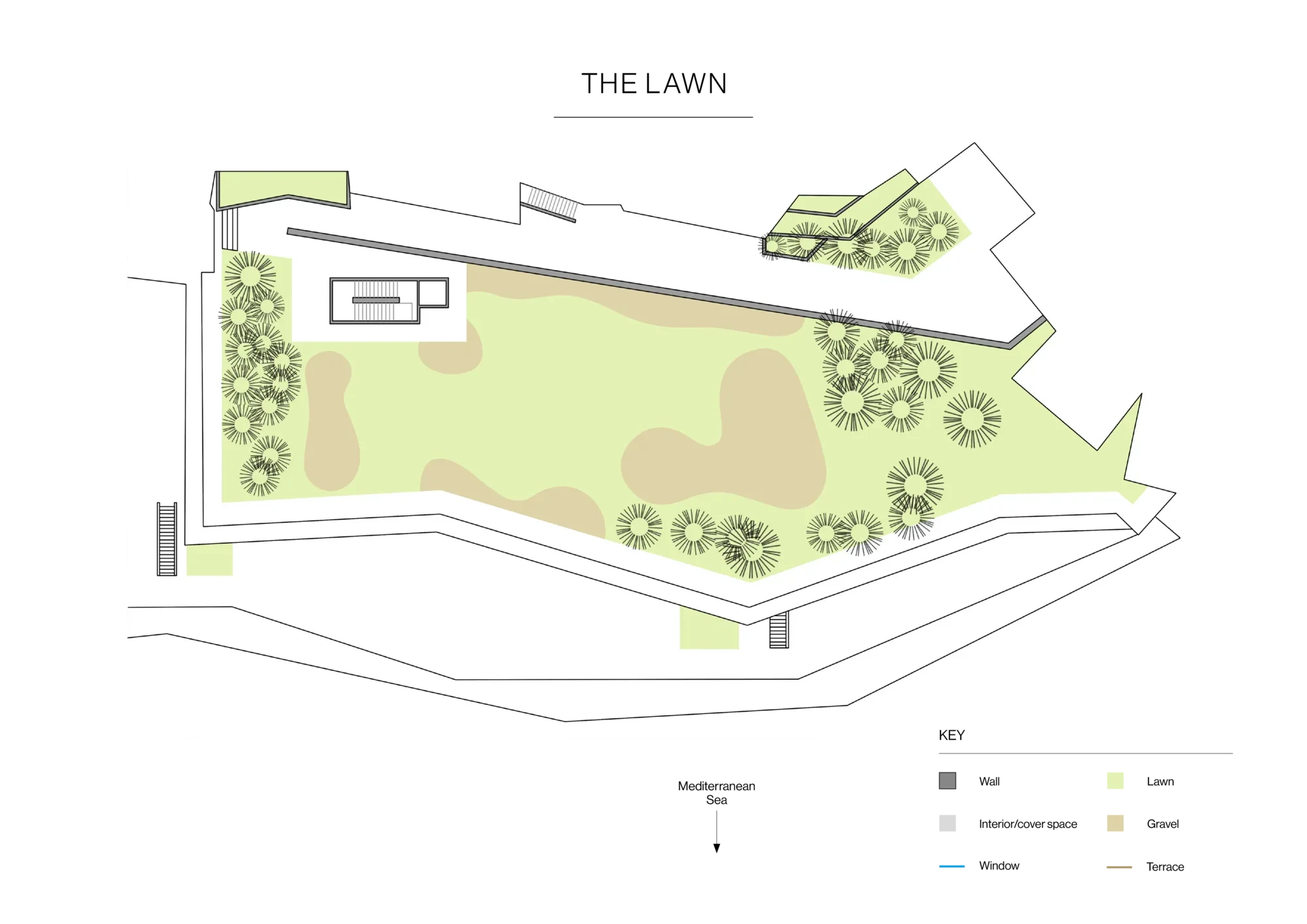Lawn area floorplan showing pathways, seating zone, trees, greenery sections and terrace overlooking the Mediterranean Sea.