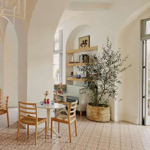 Light café interior with vaulted arches, patterned tile floor, pale wood chairs, and a potted olive tree.