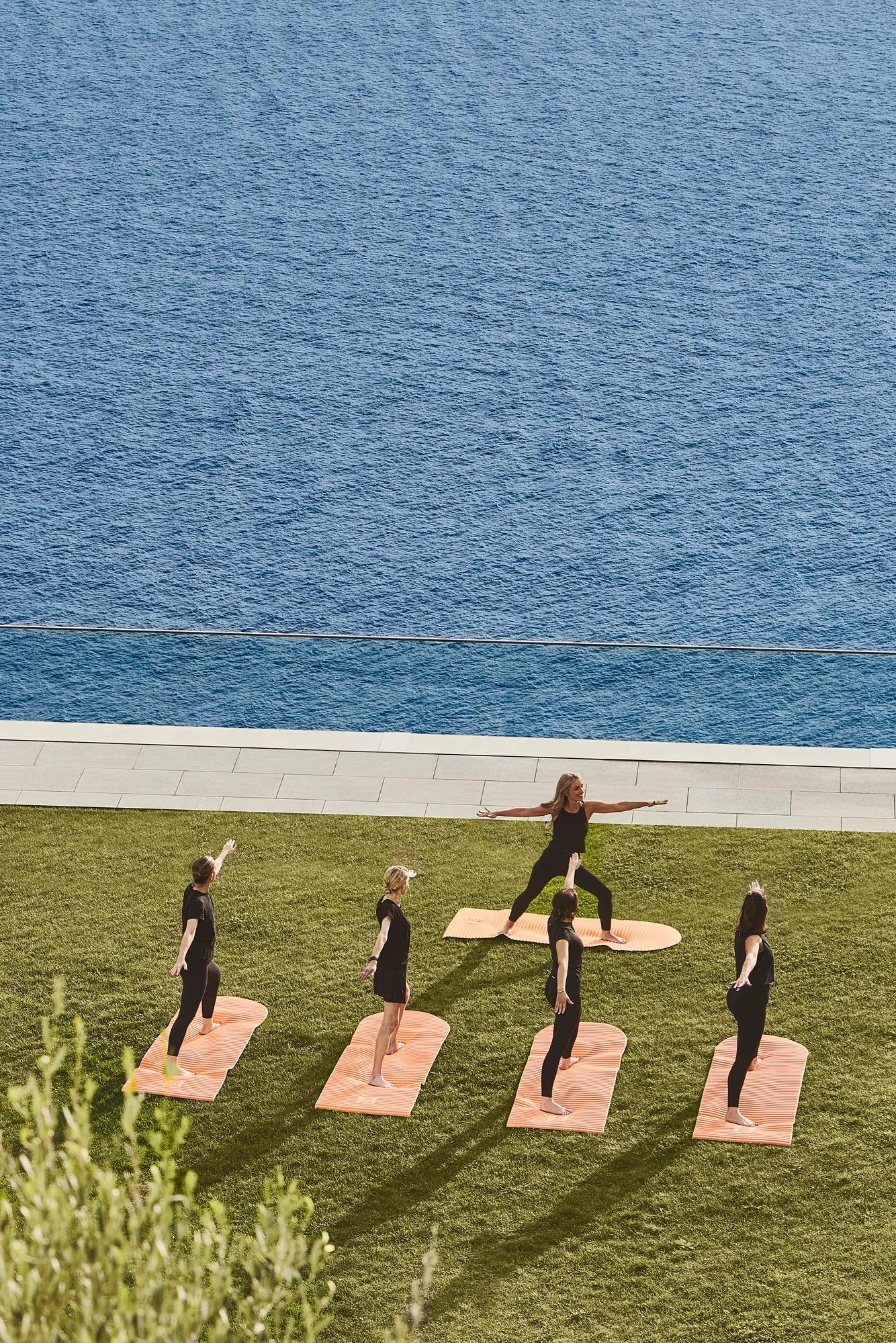 Group yoga session on lawn overlooking the sea, participants on mats following instructor outdoors