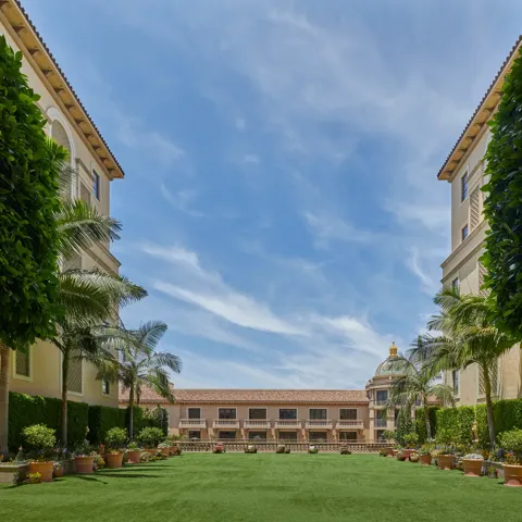 Garden Terrace lawn framed by palms and potted flowers, with domed rooftop of Beverly Hills beyond under a bright blue sky.
