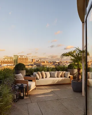 Rooftop terrace at sunset with a cream outdoor sofa, wooden armchair, and potted plants including a palm tree, overlooking the London skyline under a soft golden sky.