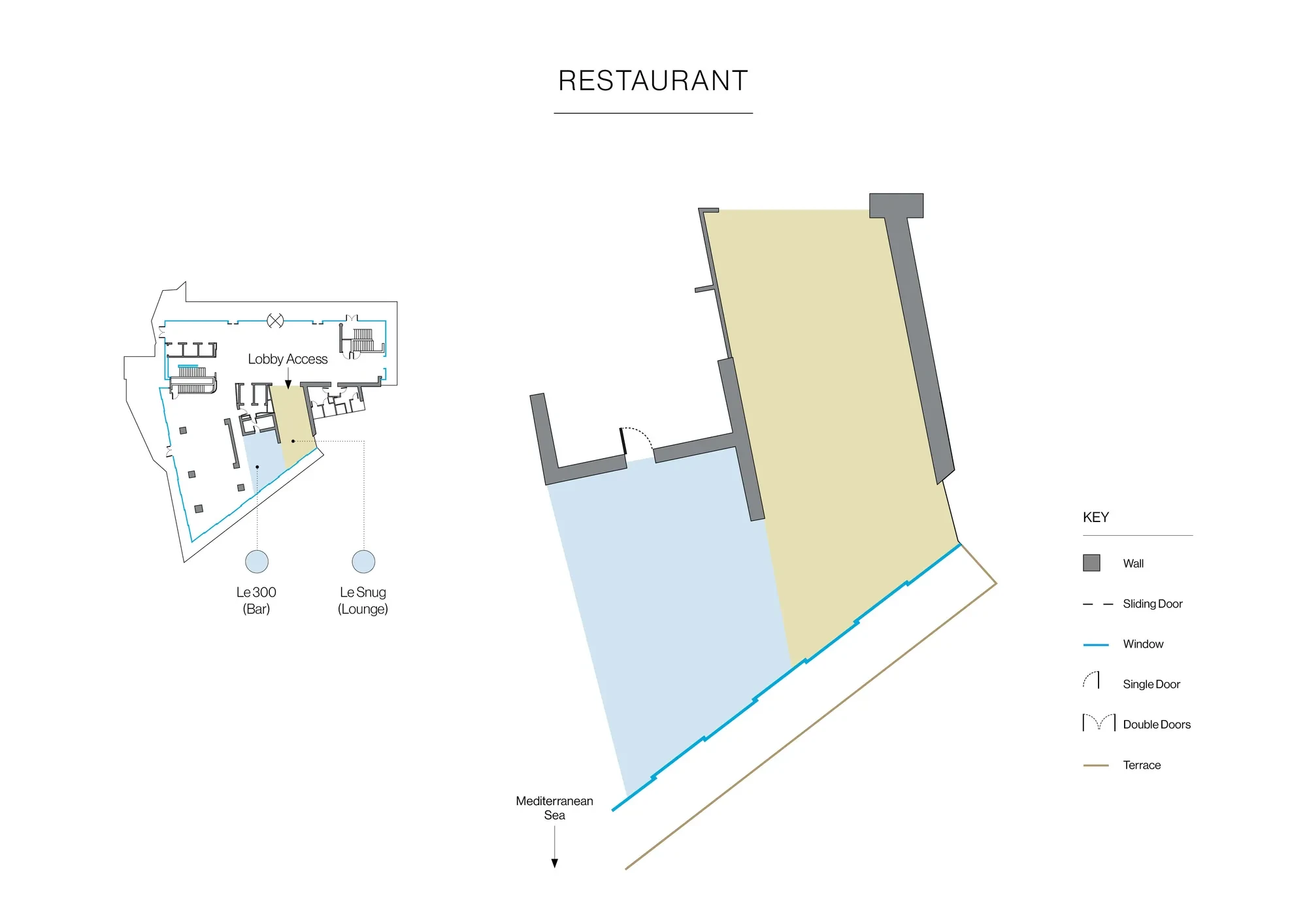 Plan du restaurant avec accès au lobby, salle à manger, bar, lounge et terrasse face à la mer Méditerranée, fenêtres et portes indiquées.