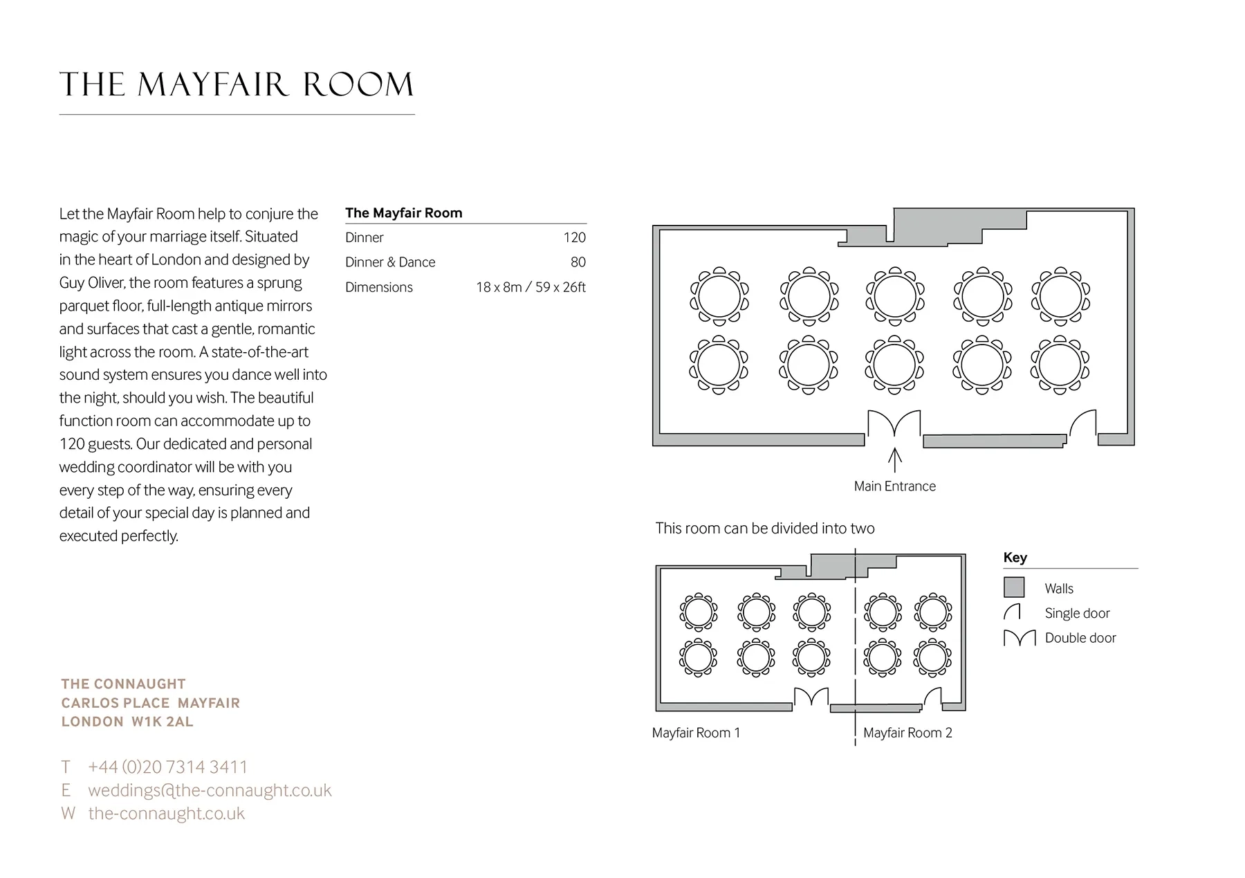 Floor plan and capacity details for The Mayfair Room function space at The Connaught.