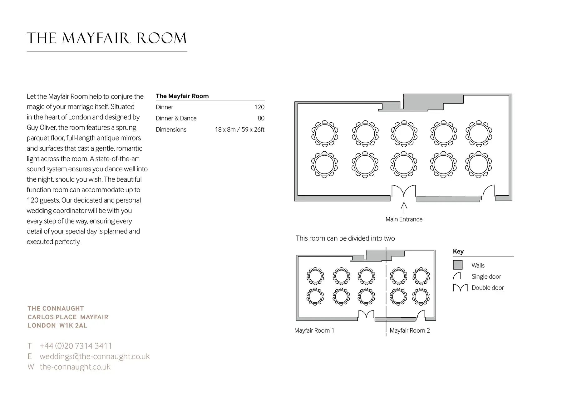 Floor plan and capacity details for The Mayfair Room function space at The Connaught.