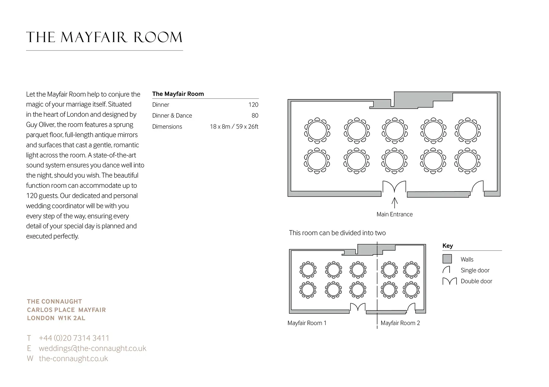 Floor plan and capacity details for The Mayfair Room function space at The Connaught.