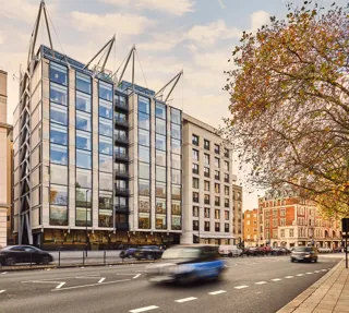 Modern glass-fronted building with steel framework on a city street, cars passing and autumn tree to the side