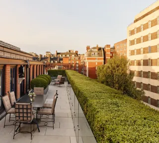 A spacious rooftop terrace with outdoor dining tables and cushioned chairs, bordered by manicured hedges and overlooking the red-brick rooftops and cityscape of Mayfair under warm evening light.