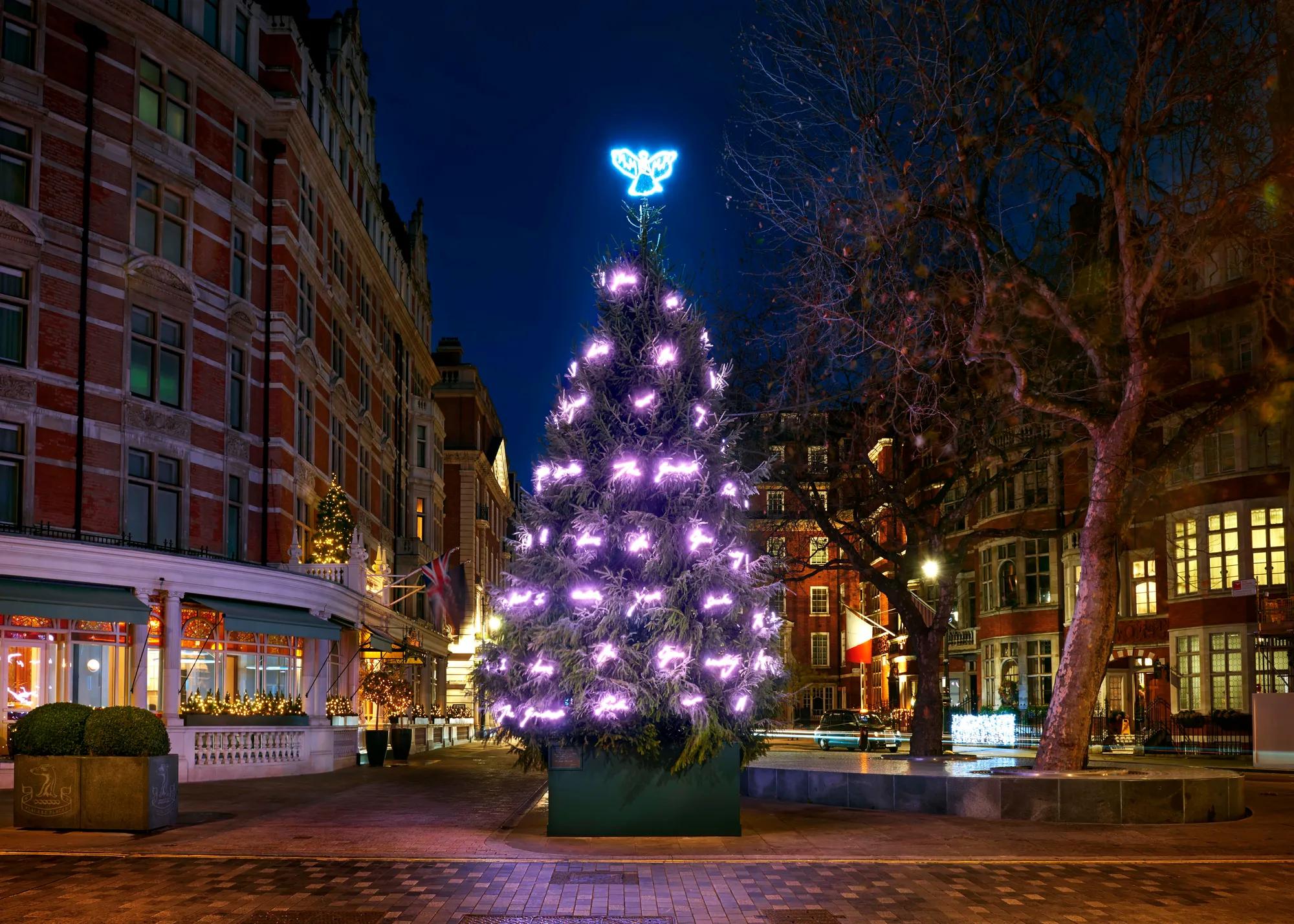 Large Christmas tree with purple lights and glowing angel topper outside luxury hotel at night.
