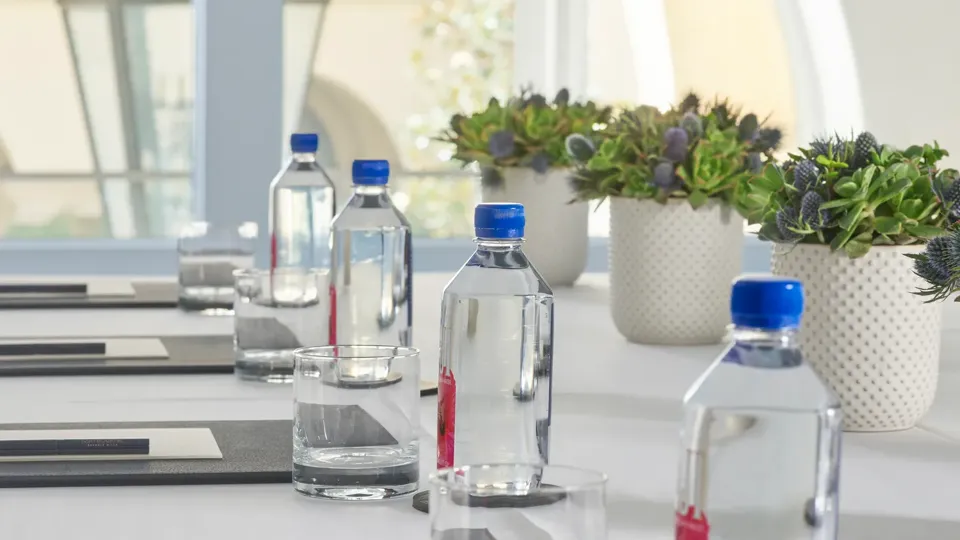 Conference table setup in Wilshire breakout rooms with water bottles, tumblers, notepads, and potted succulents beside a large arched window.