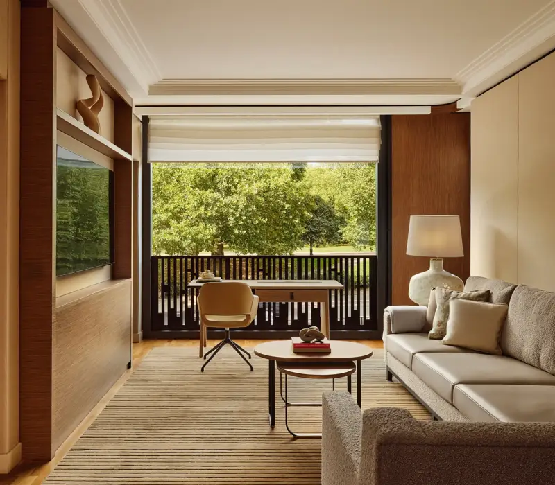 Living room with a beige sofa, desk facing a balcony, and large windows overlooking leafy park views.