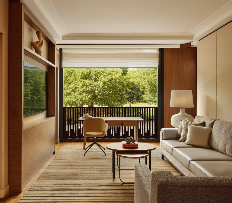 Living room with a beige sofa, desk facing a balcony, and large windows overlooking leafy park views.