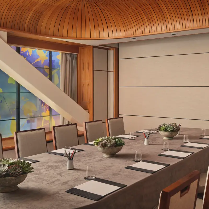 Boardroom setup with long table, notepads, succulents, and patterned glass window under curved wood ceiling.