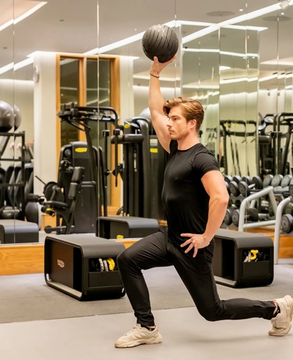 Man lunging with one knee on the floor in a mirrored gym, lifting a medicine ball overhead during a strength workout.