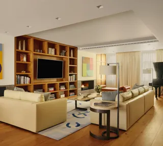A contemporary living room with cream leather sofas, wooden flooring, built-in shelving with a large TV, abstract artwork, and a grand piano near the window, softly lit by natural light through sheer curtains.