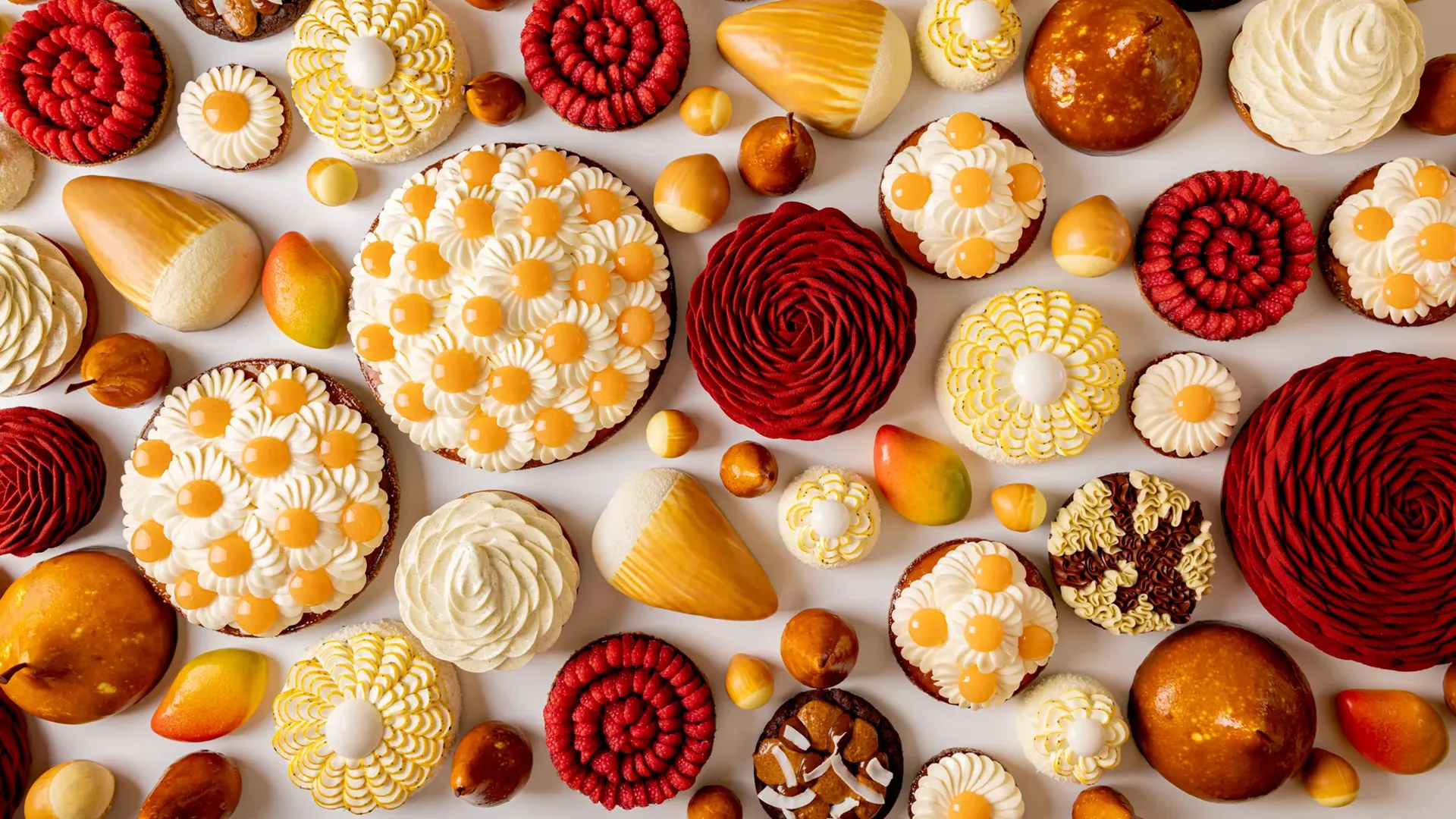 Assorted pastries with mango, pear, citrus and chocolate, decorated with floral cream and spiral patterns in vibrant spring colours