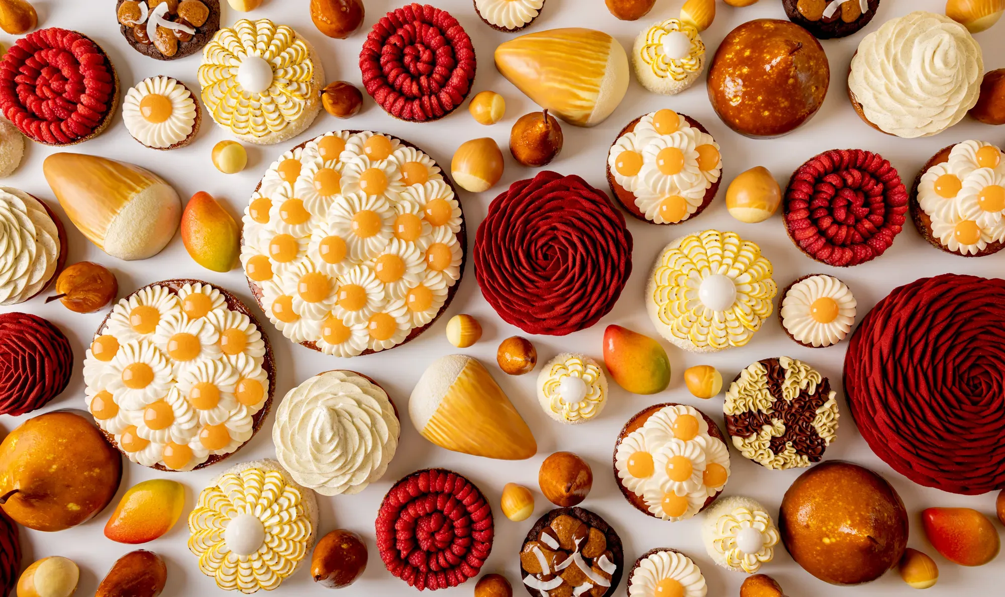 Assorted pastries with mango, pear, citrus and chocolate, decorated with floral cream and spiral patterns in vibrant spring colours