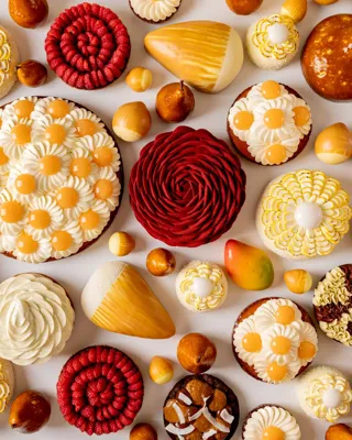 Assorted pastries with mango, pear, citrus and chocolate, decorated with floral cream and spiral patterns in vibrant spring colours