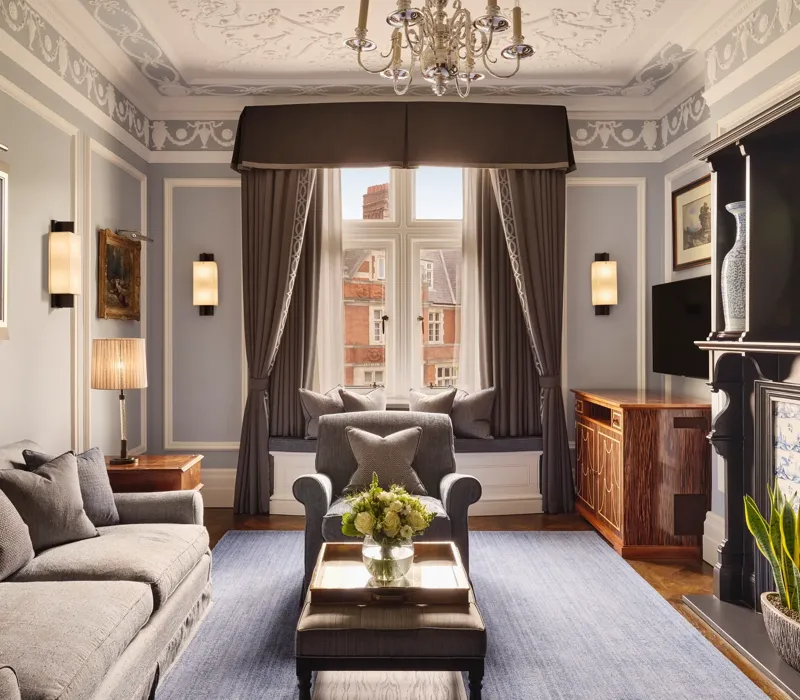 Elegant living room with grey sofa and armchairs, fireplace, window seat with cushions, and large window with drapes.