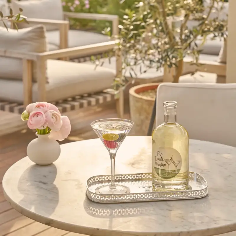 Martini and a bottle on a tray atop a marble table on a sunlit outdoor terrace in Beverly Hills