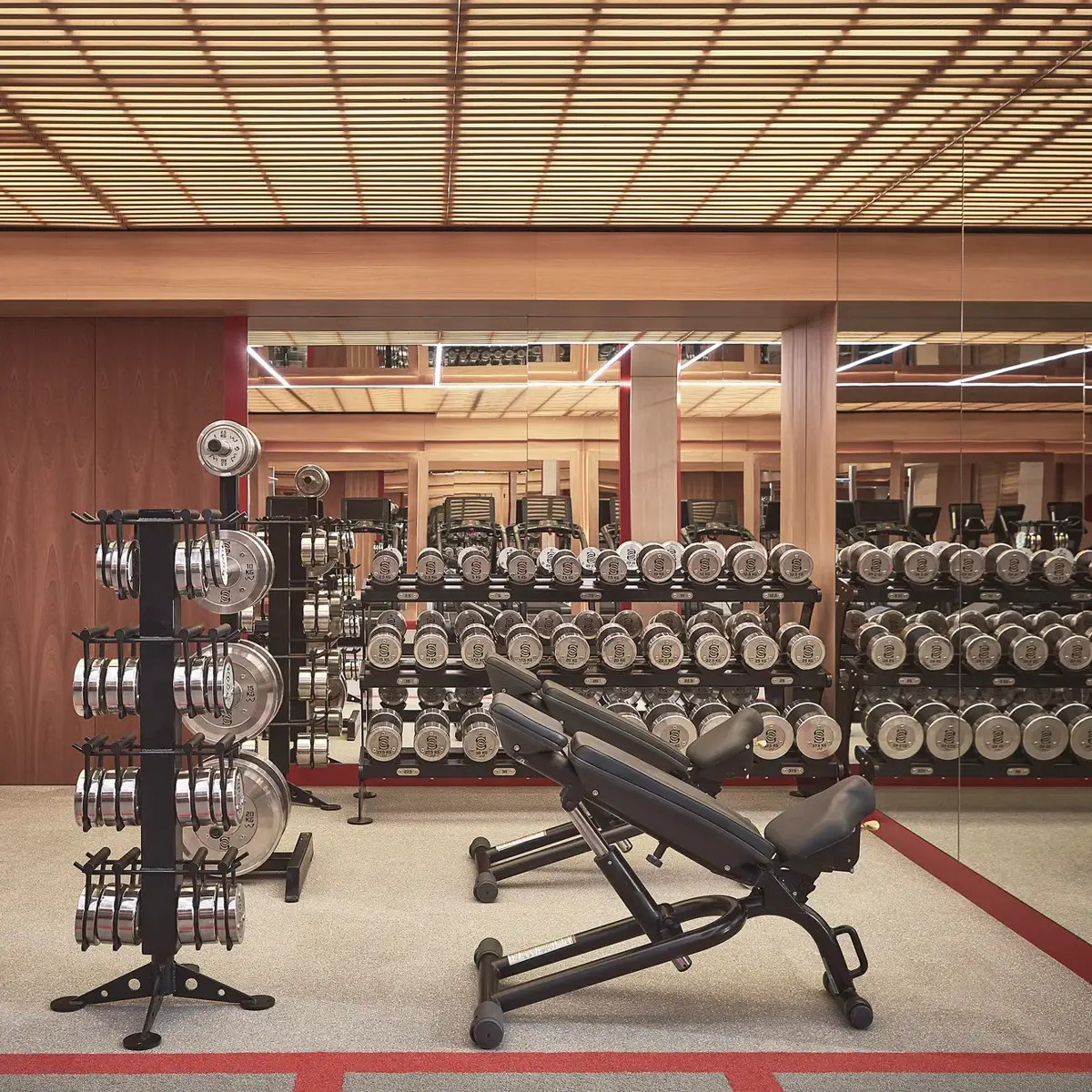 Modern gym with free weights, adjustable benches, mirrored walls, and exercise bikes under warm wood-paneled ceilings.